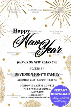 Golden Fireworks New Year's Eve Party Invitation Card White Theme