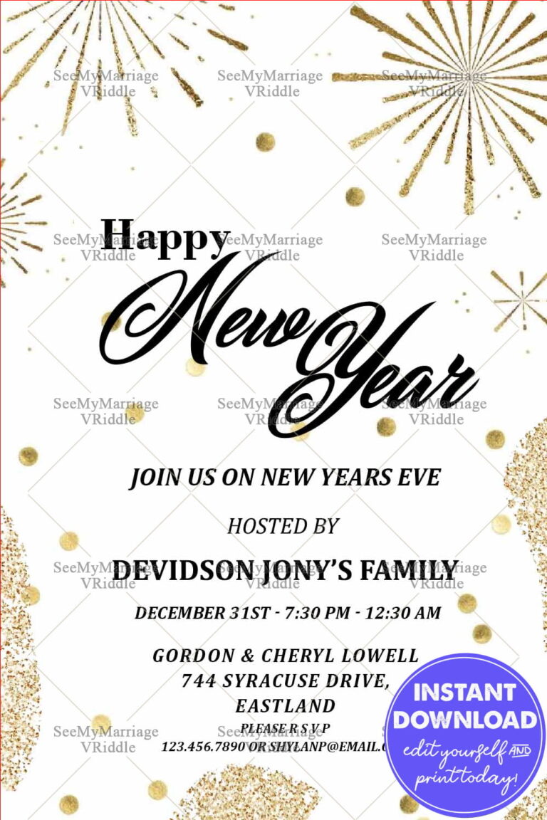 Golden Fireworks New Year's Eve Party Invitation Card White Theme