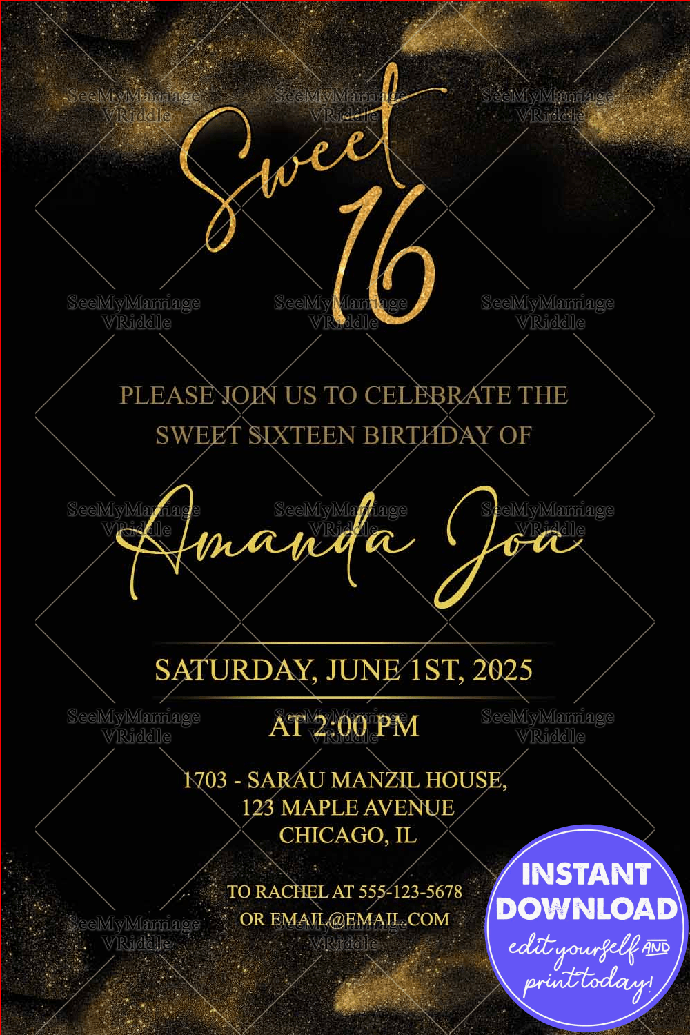 Golden Sparkle Sweet 16 Birthday Invitation Card Black Formal