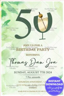 Green Growing 50th Birthday Cocktail Party Invitation Card Watecolour Theme