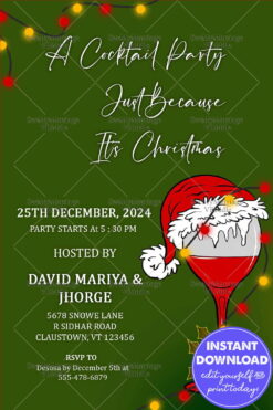 Green Theme Christmas Cocktail Party Invitation Wine Glass Santa
