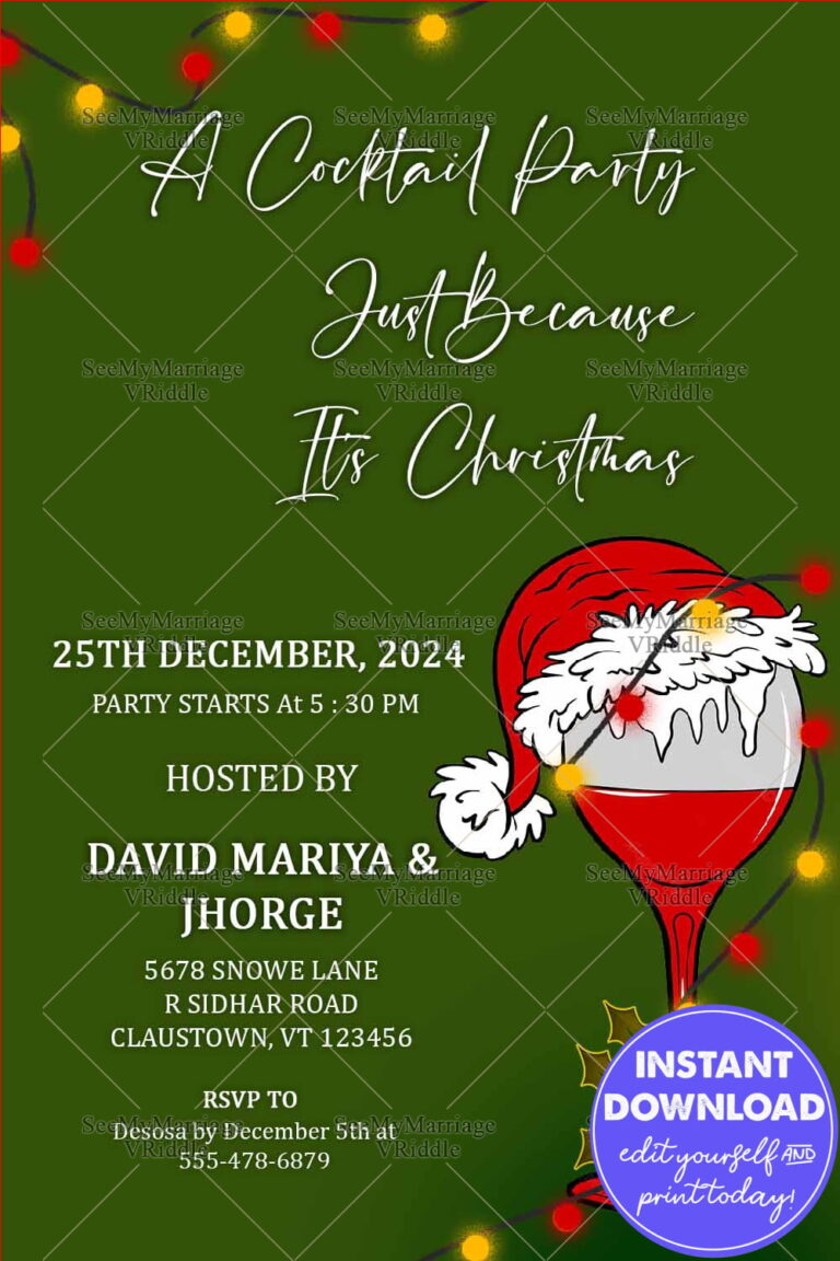 Green Theme Christmas Cocktail Party Invitation Wine Glass Santa