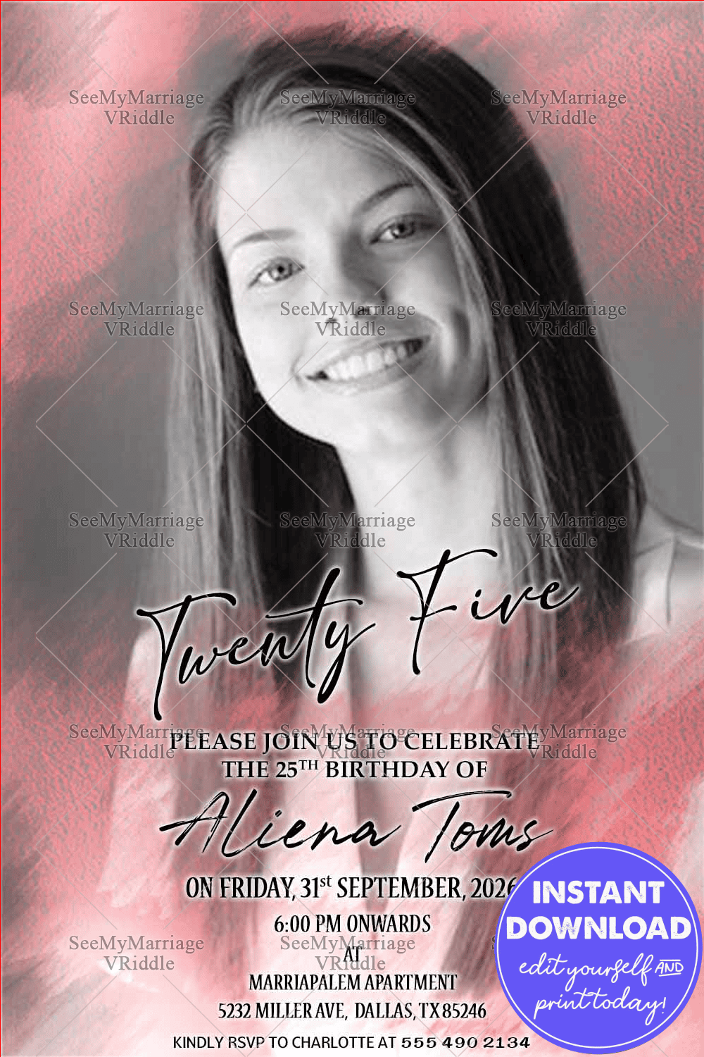 Monochromatic Add A Photo 25th Birthday Party Invitation Card Pink Foil