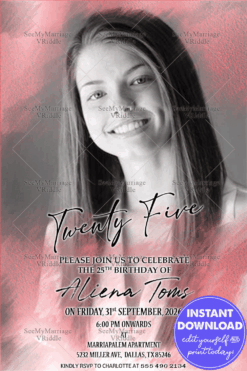 Monochromatic Add A Photo 25th Birthday Party Invitation Card Pink Foil