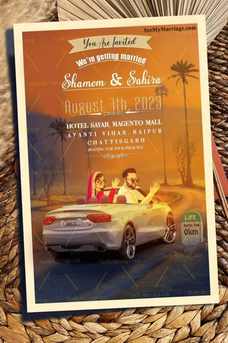 Muslim Couple Caricature Wedding Invitation Card Open Top Car
