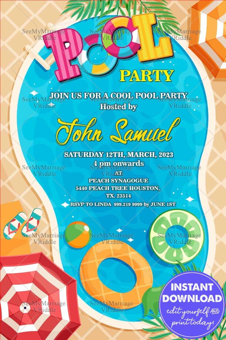 Swimming Pool Theme Birthday Invitation Card Lazy Floats Balls Sunglasses