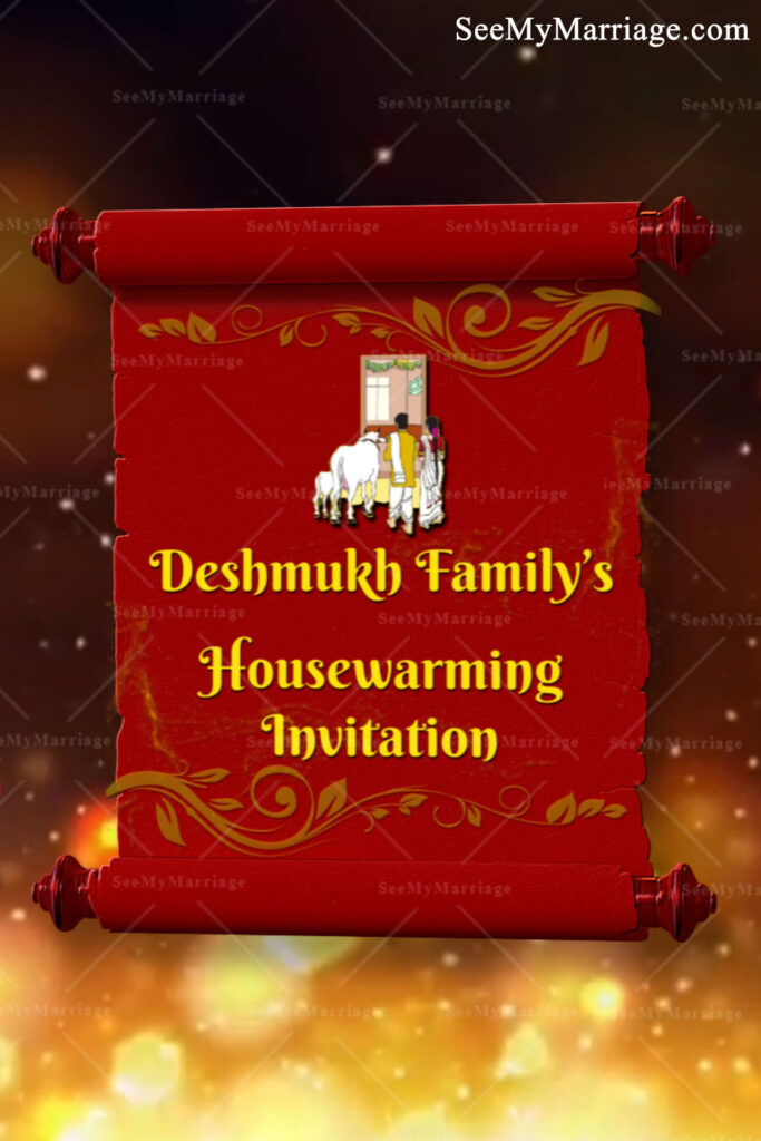 Traditional Gruhapravesh Housewarming Invitation Red Scroll Theme