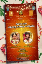 Traditional Telugu Nischitartham Engagement Invitation Card Sunset Orange With Photo