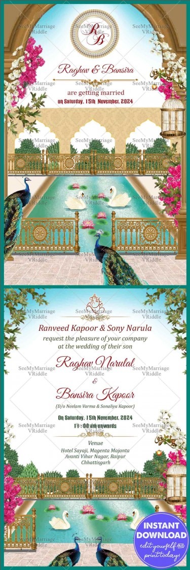 Vintage Royal Garden Theme Wedding E-invite Peacock Floral