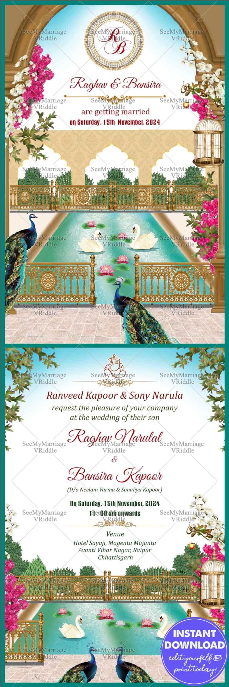 Vintage Royal Garden Theme Wedding E-invite Peacock Floral