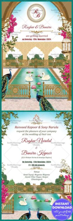 Vintage Royal Garden Theme Wedding E-invite Peacock Floral