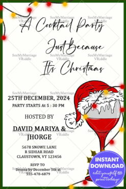 White Theme Christmas Cocktail Party Invitation Wine Glass Santa