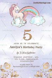 White Unicorn Theme 5th Birthday Invitation Card