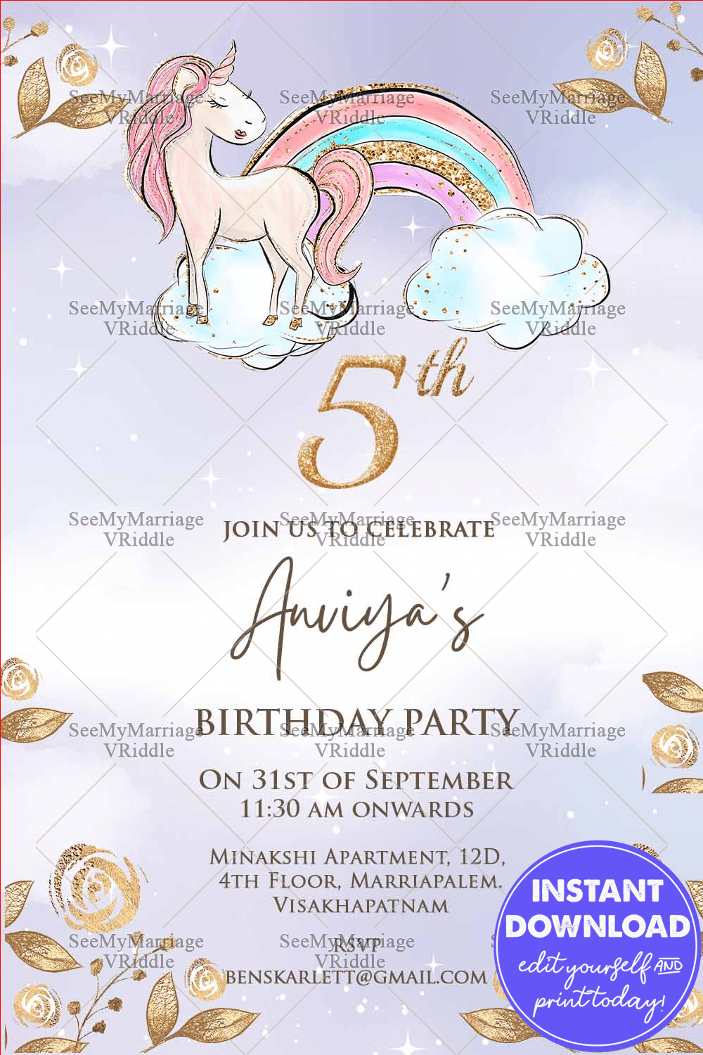 White Unicorn Theme 5th Birthday Invitation Card