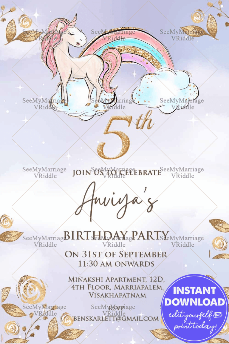 White Unicorn Theme 5th Birthday Invitation Card