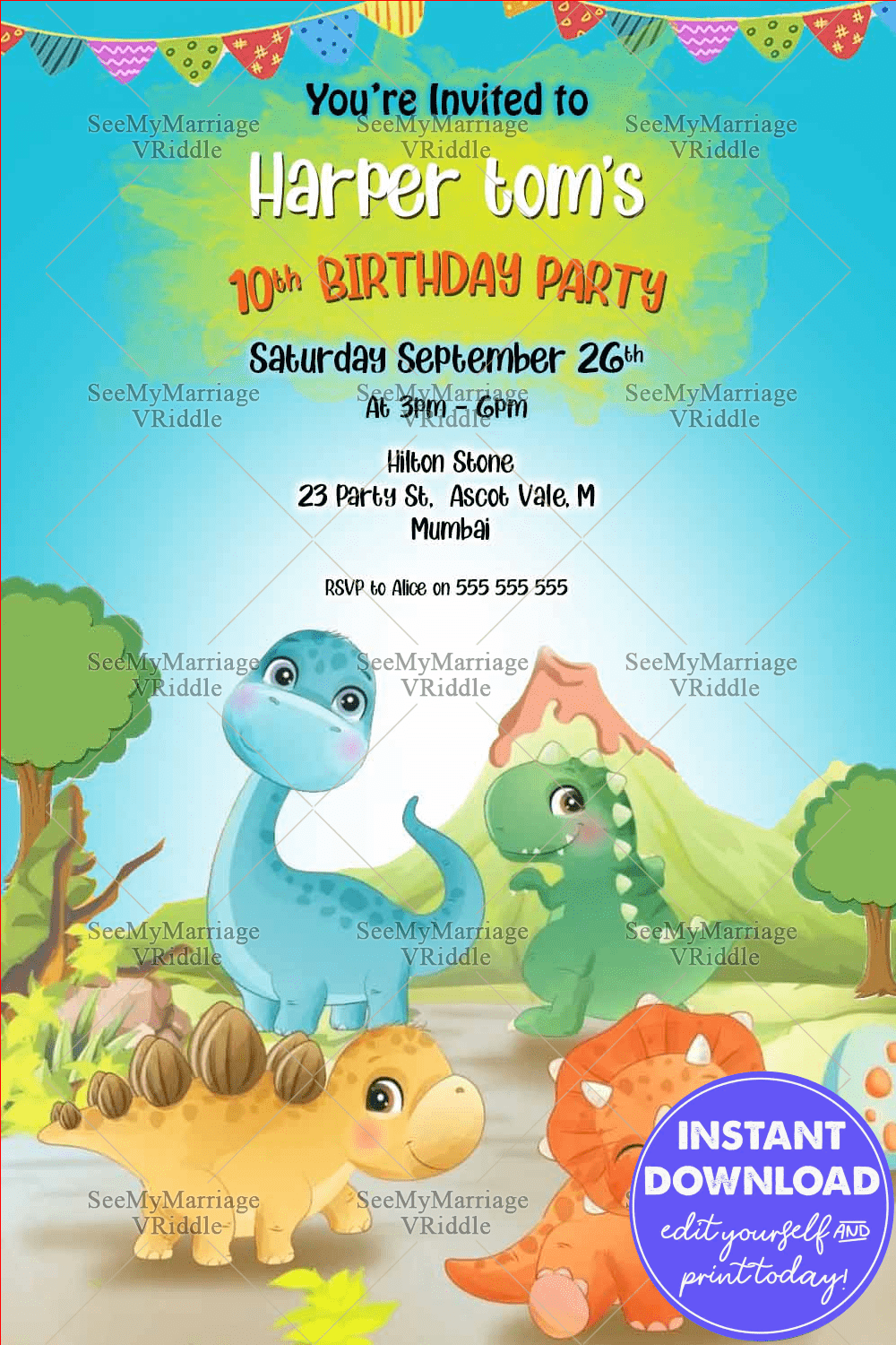 Wild Jungle 10th Birthday Invitation Card Dinosaur Theme