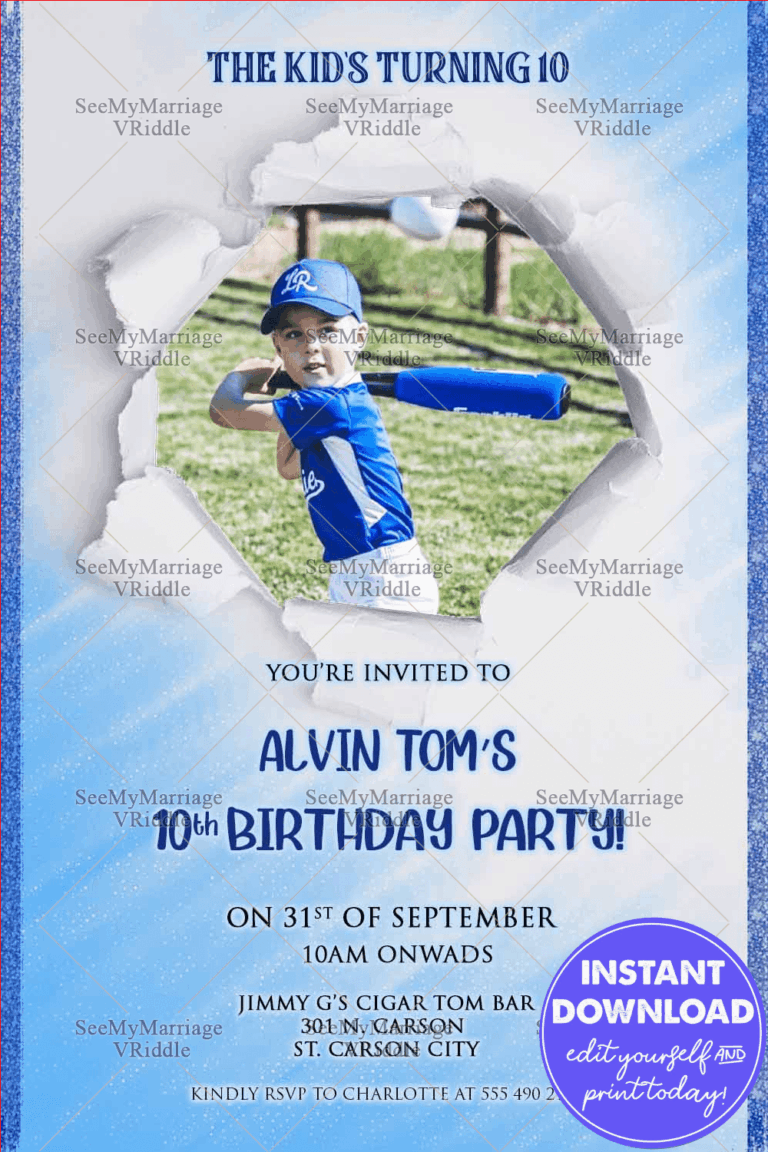 Baseball Theme 10th Birthday Invitation Card Blue Colour