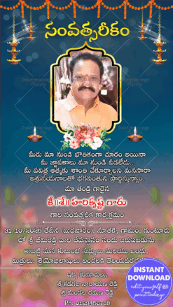 Blue Traditional Telugu Shraddanjali Obituary Card Hanging Diya Tribute