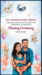 Cute Family Caricature Naming Ceremony Invitation Video Teddy Bear Theme