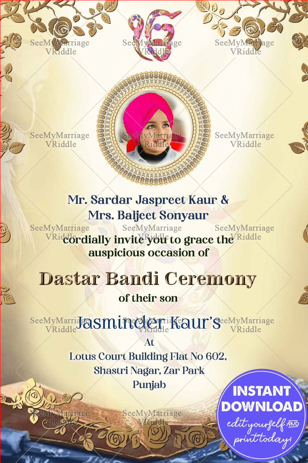 Golden Flowers Dastar Bandi Invitation Card Guru Granth Sahib Add-A-Photo