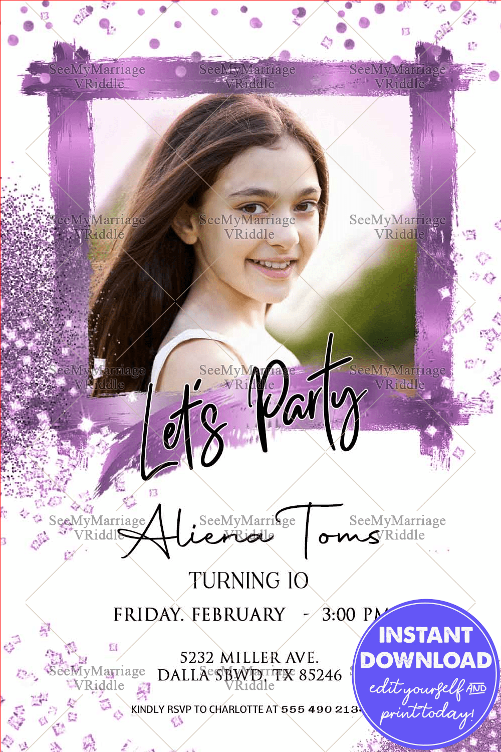 Purple Glitter10th Birthday Invitation Card White Theme