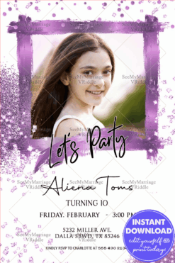 Purple Glitter10th Birthday Invitation Card White Theme