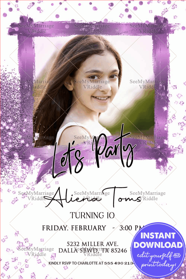 Purple Glitter10th Birthday Invitation Card White Theme