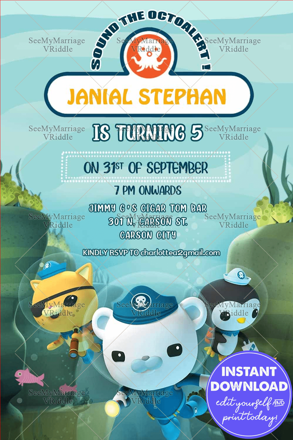 Blue Octanaut Birthday Invitation Card Underwater Theme