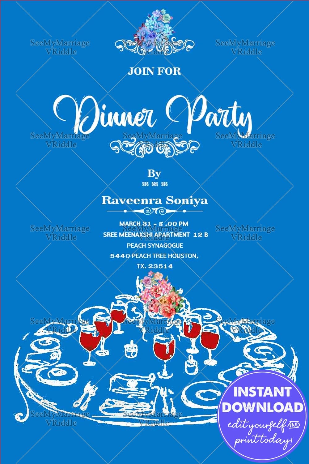 Blue Theme cocktail Dinner Party Invitation Round Table