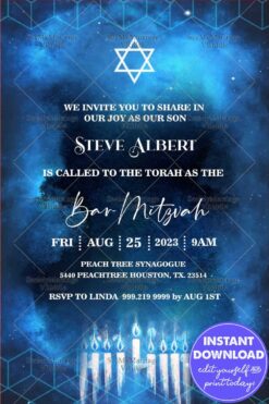 Electric Blue Bar Mitzvah Invitation Card Menohra Light
