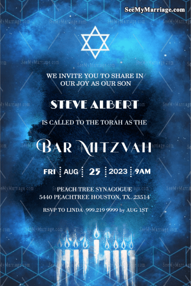 Electric Blue Bar Mitzvah Invitation Card Menohra Light