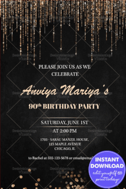 Glittering Gold 90th Birthday Invitation Black Theme