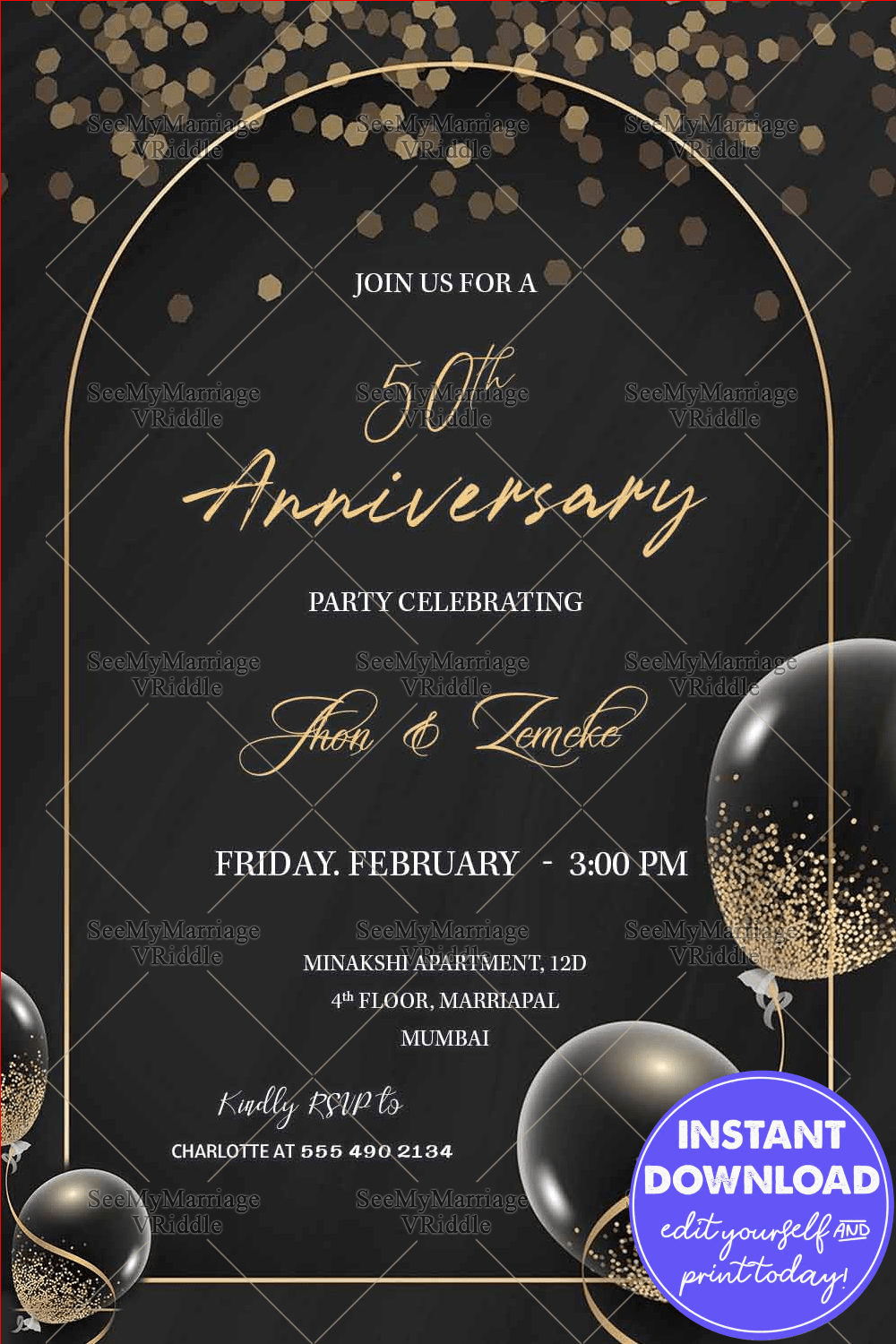 Grand 50th Aniversary Invitation Card Black Tie Cocktail Party