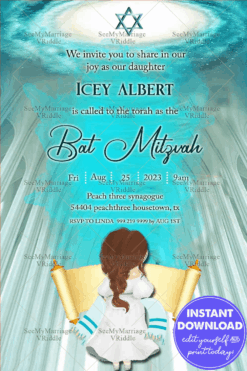 Heavenly Blue Synagogue Theme Bat Mitzvah Invitation Card