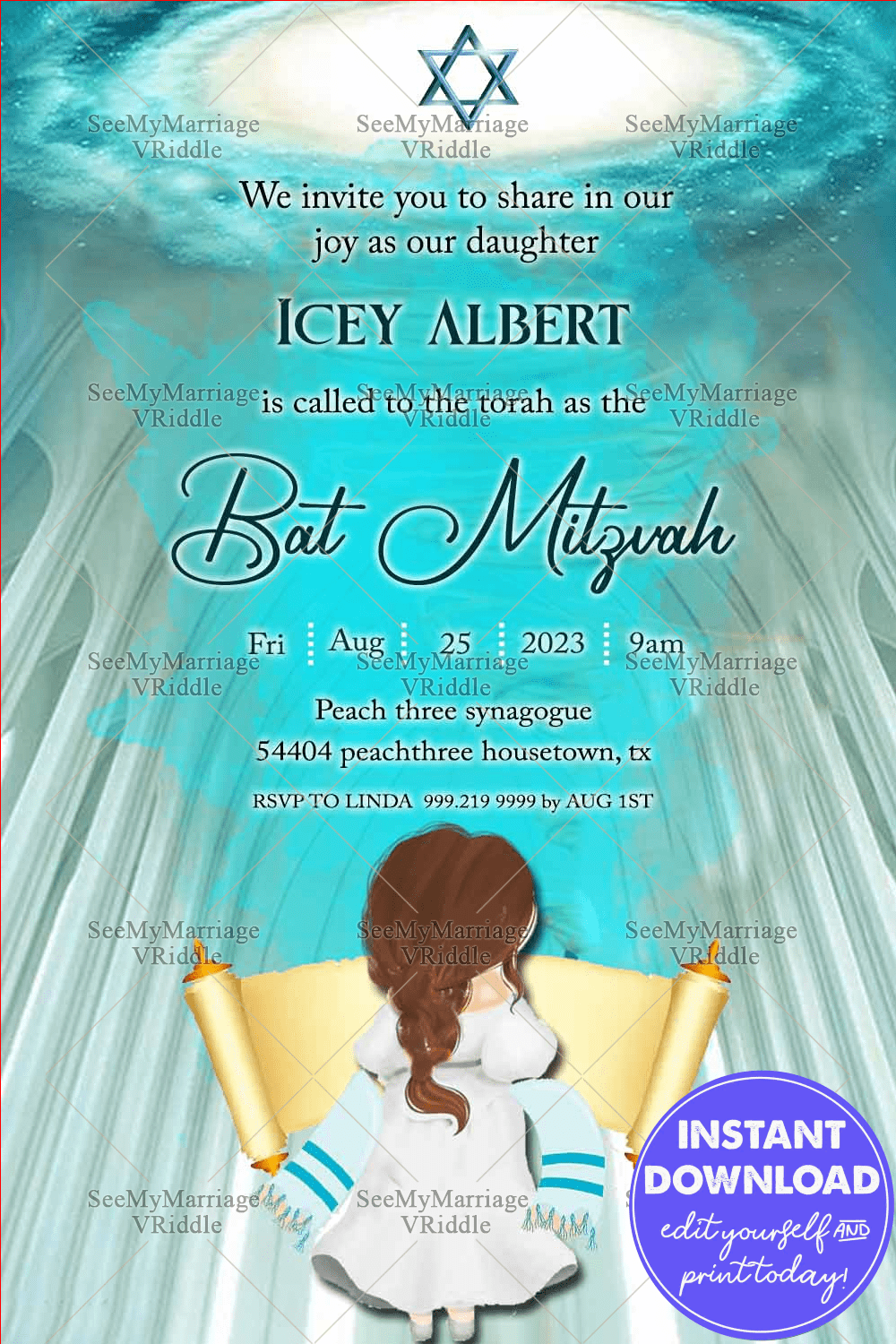 Heavenly Blue Synagogue Theme Bat Mitzvah Invitation Card