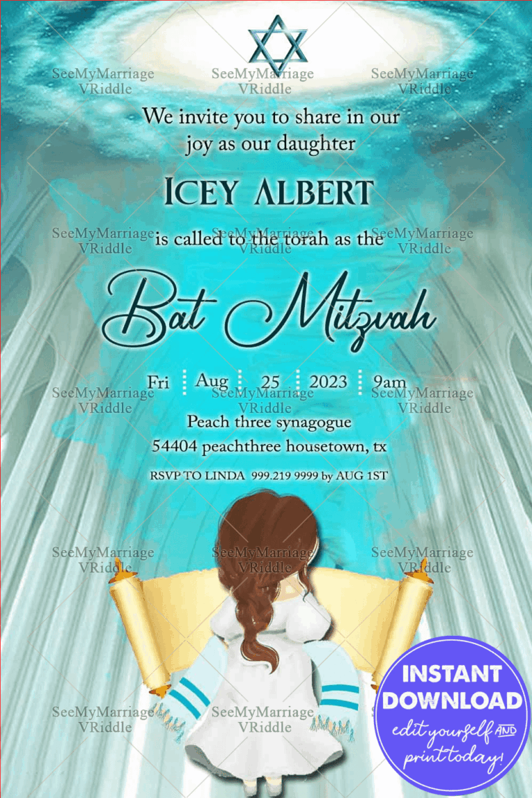 Heavenly Blue Synagogue Theme Bat Mitzvah Invitation Card