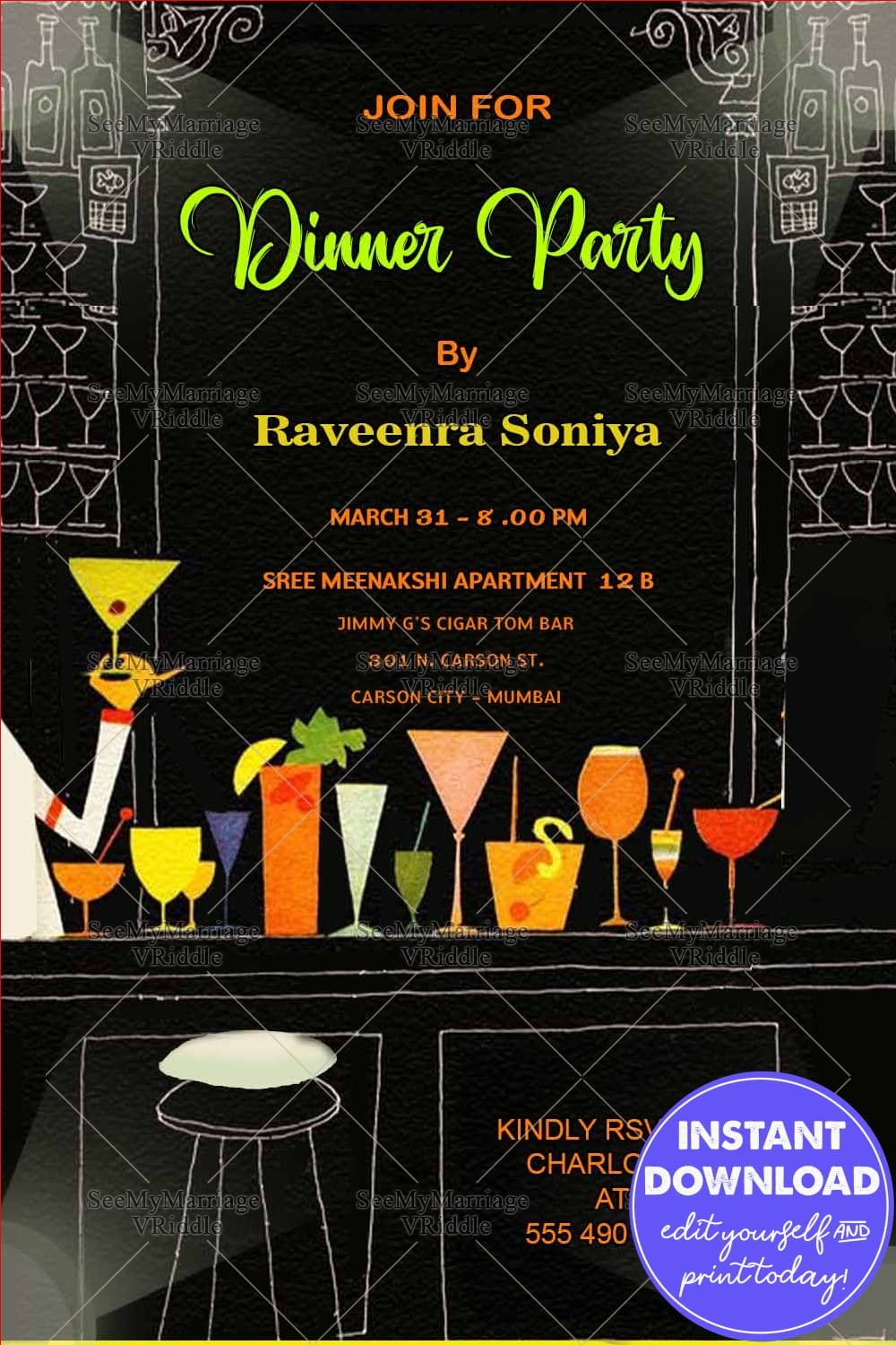 Jazzy cocktail Dinner Party Invitation Full Bar