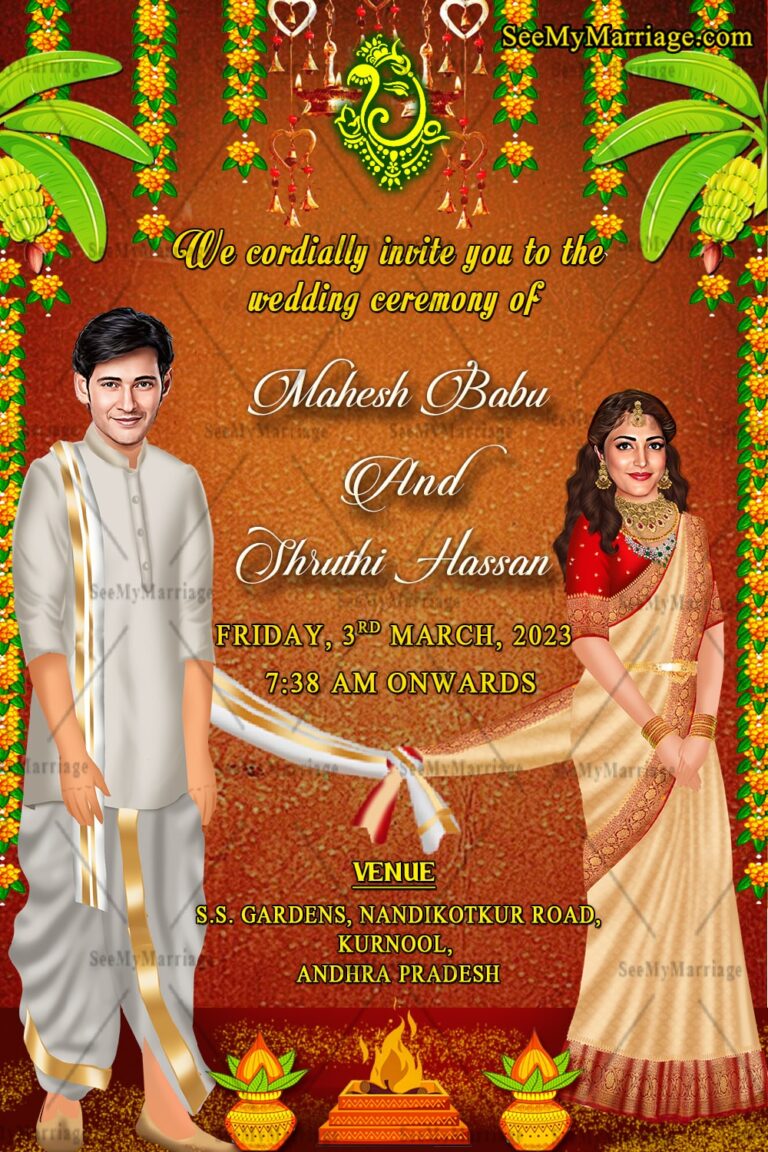 Modern Caricature Wedding Invitation Card Traditional Decor Orange Theme