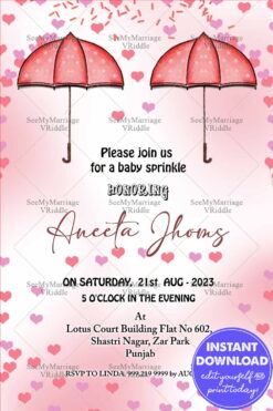 Pink Heart Showers Baby Sprinkle Invitation card Cute Umbrella