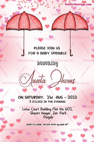 Pink Heart Showers Baby Sprinkle Invitation card Cute Umbrella
