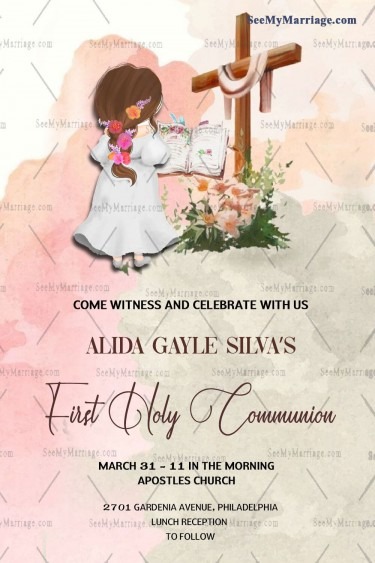 Traditional First Communion Invitation Card Little Girl Watercolour Theme