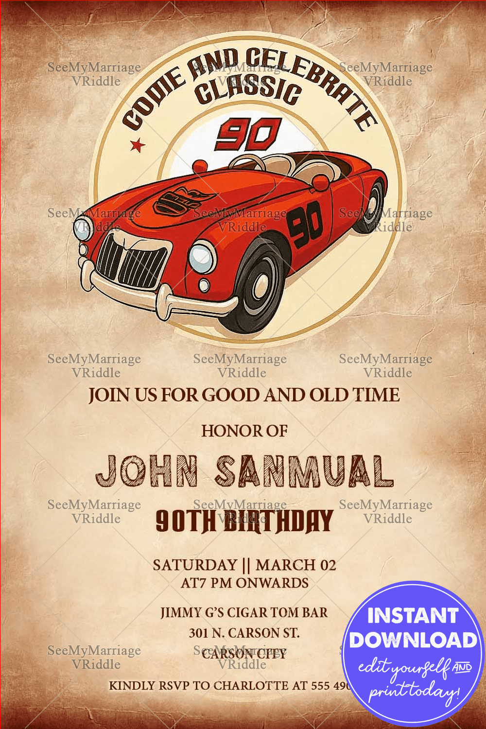 Vintage Classic 90th Birthday Invitation Card Red Car