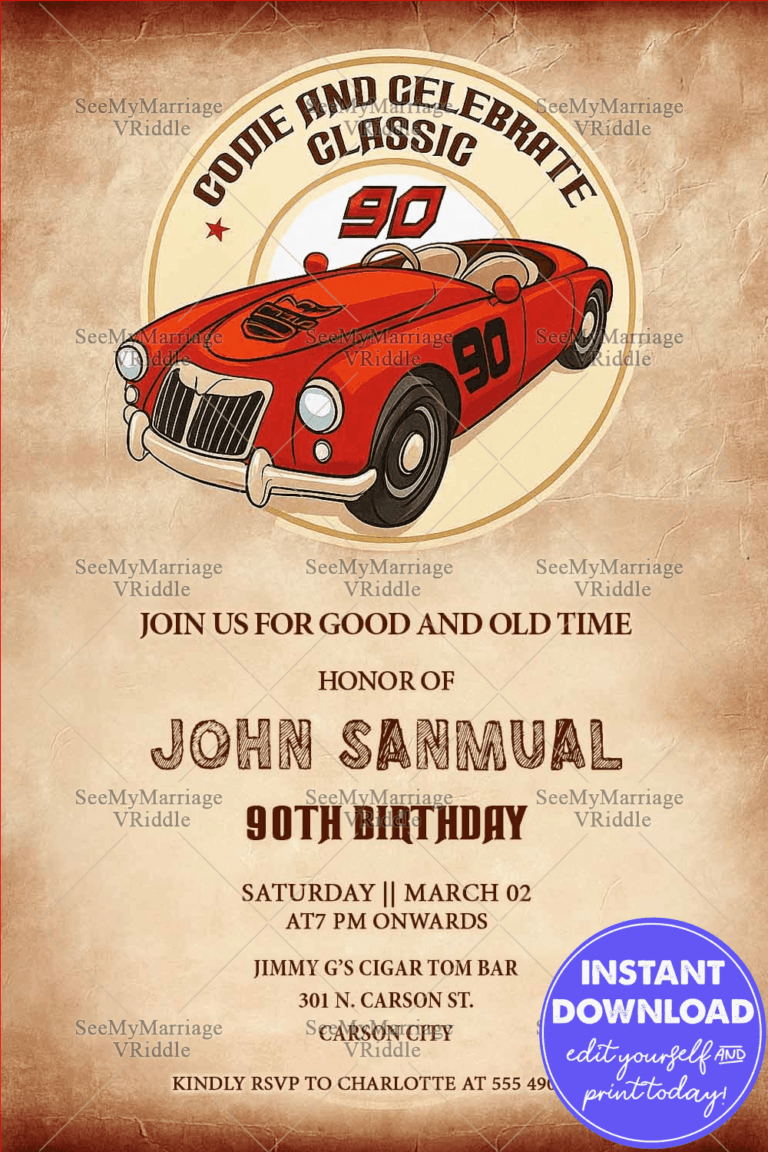Vintage Classic 90th Birthday Invitation Card Red Car