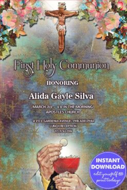 Wooden Cross Eucharist 1st Holy Communion Invitation Card Oil Painting Style