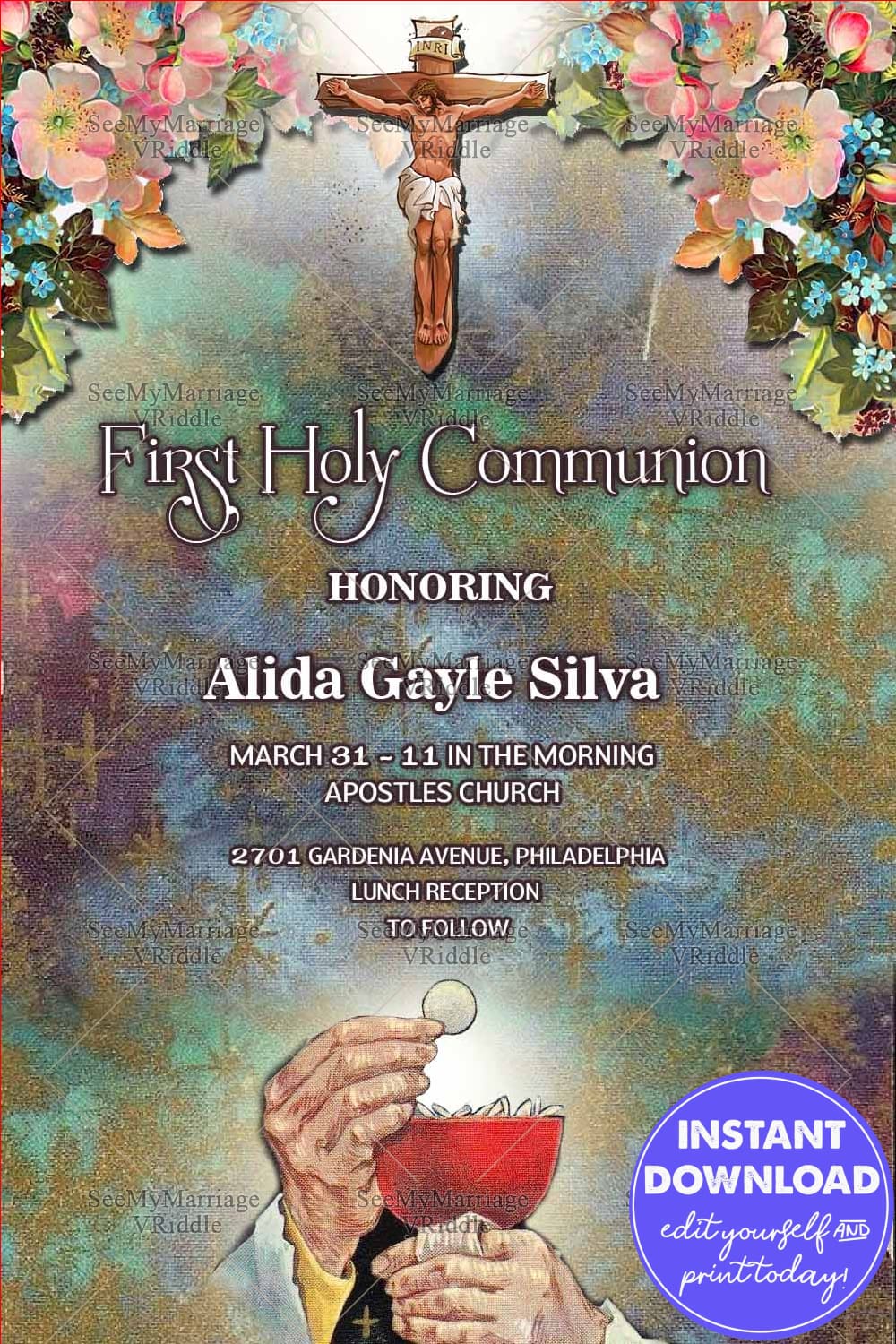 Wooden Cross Eucharist 1st Holy Communion Invitation Card Oil Painting Style