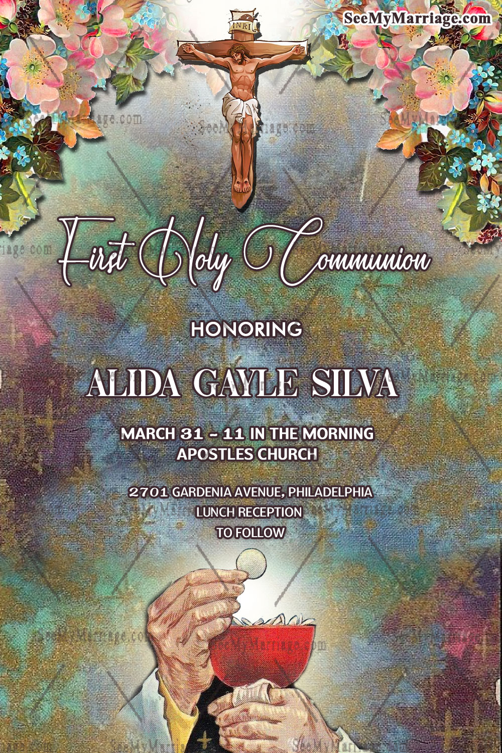 Wooden Cross Eucharist 1st Holy Communion Invitation Card Oil Painting Style