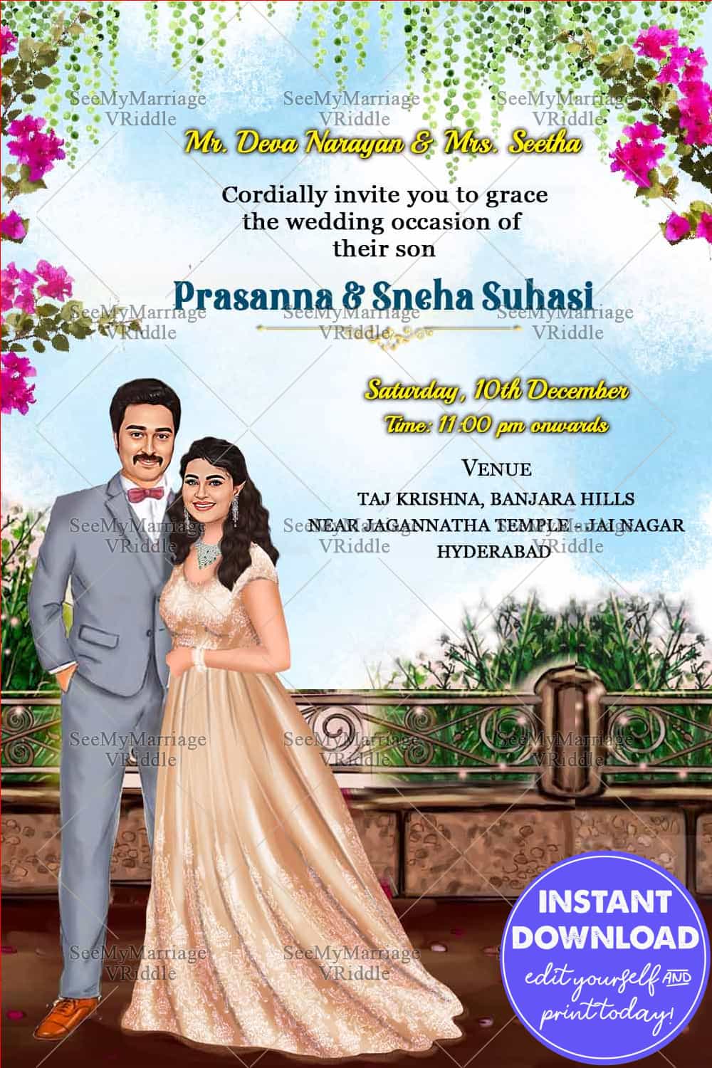 Caricature Love Wedding Invitation Card Balcony Garden Floral