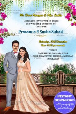 Caricature Love Wedding Invitation Card Balcony Garden Floral