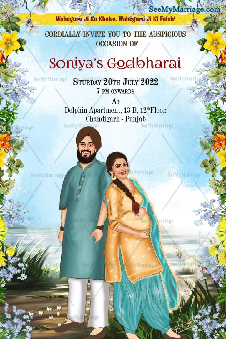 Caricature Theme Punjabi Godhbharai Invitation Card Haddippa