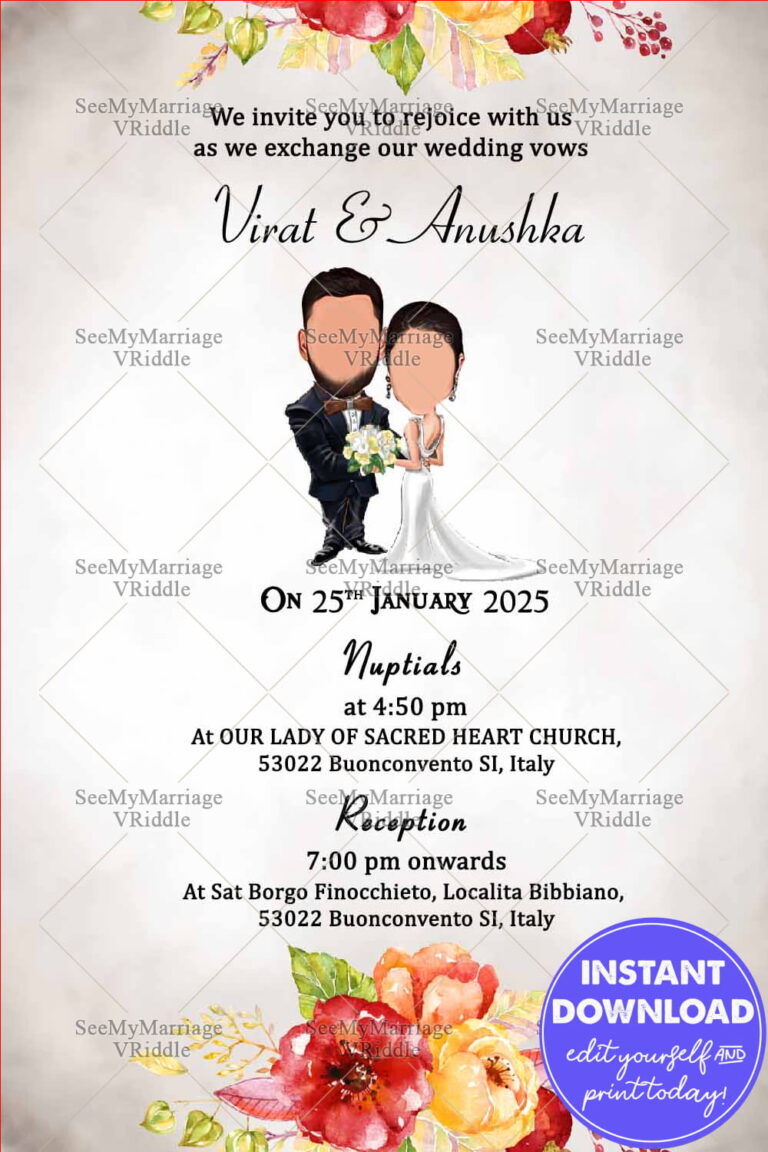 Christian Floral White Wedding Invitation Card Caricature